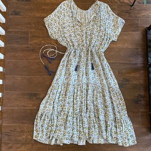 Floral Midi Dress with Tassel Waist - Cream & Mustard